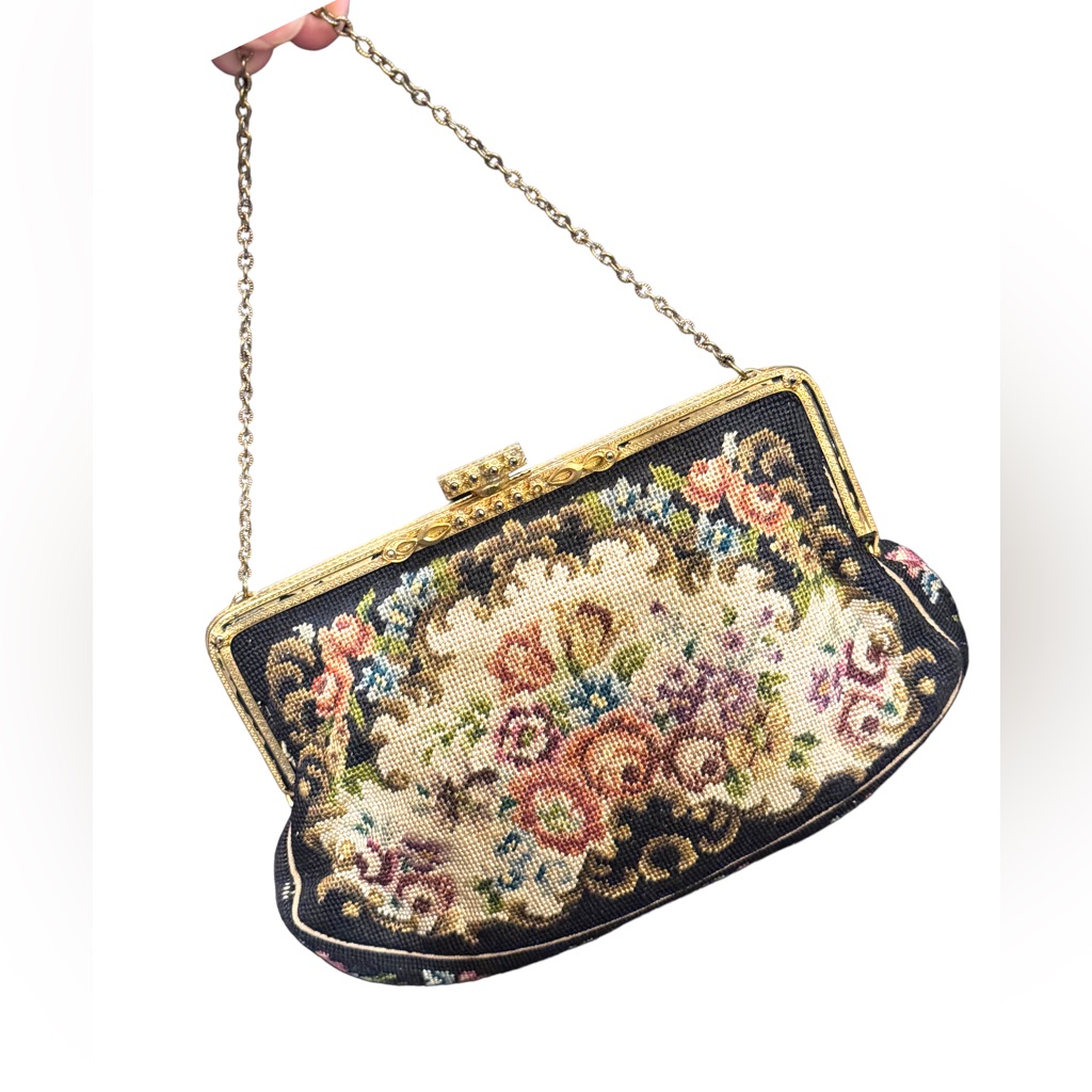Antique Petite Point Hand Made Brass Hardware Fancy Wristlet
